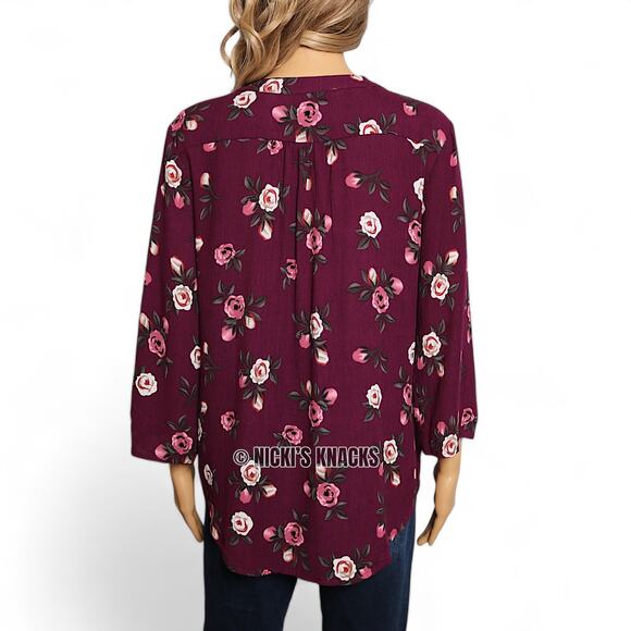 Stitch Fix Burgundy Floral Blouse Split Neck 3/4 Sleeve Pleated Fall Top Size S - Picture 5 of 9